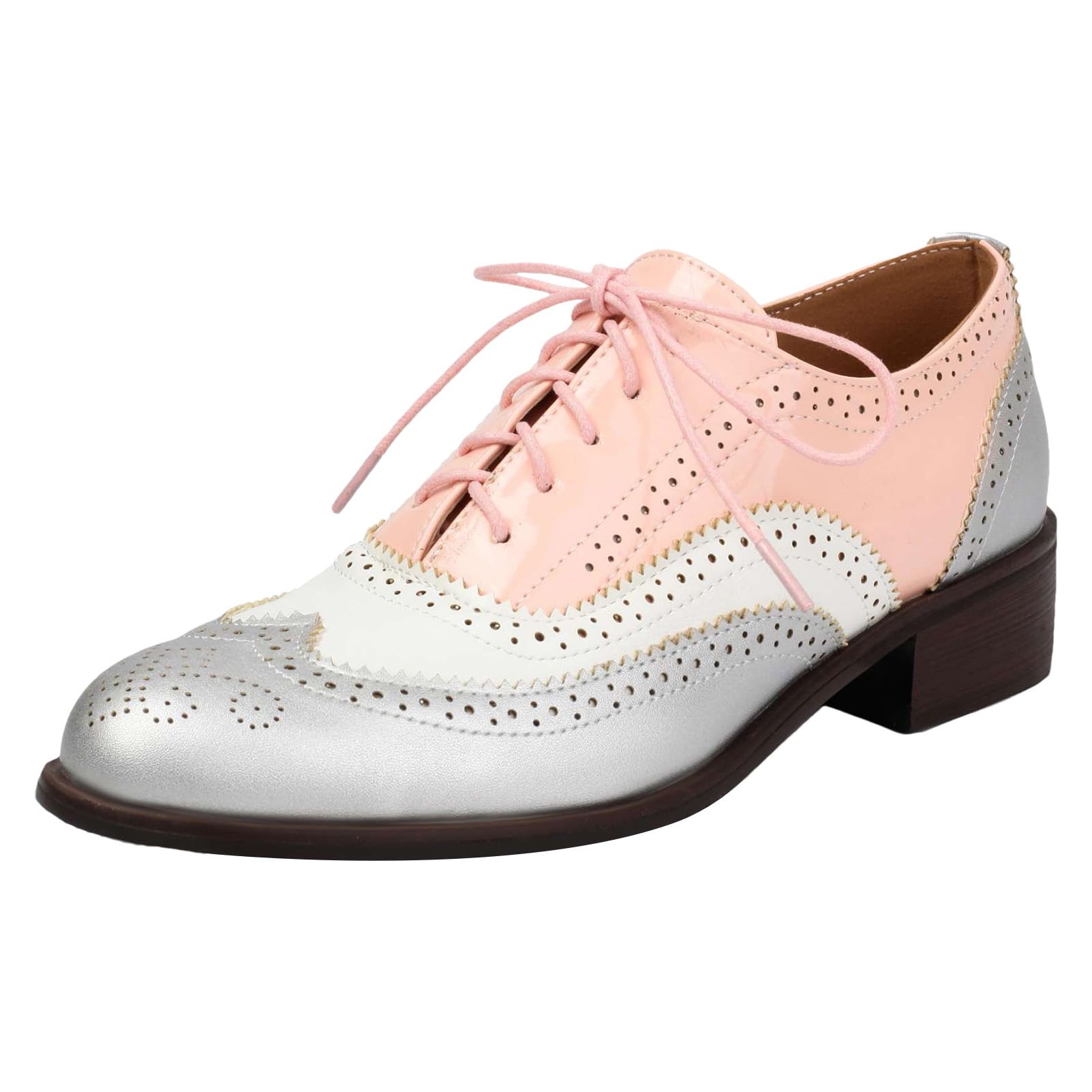 ANUFER Mujeres Color de Contraste Tacón de Bloque Wingtip Brogues Caña Baja Oxfords Zapatos de Salón