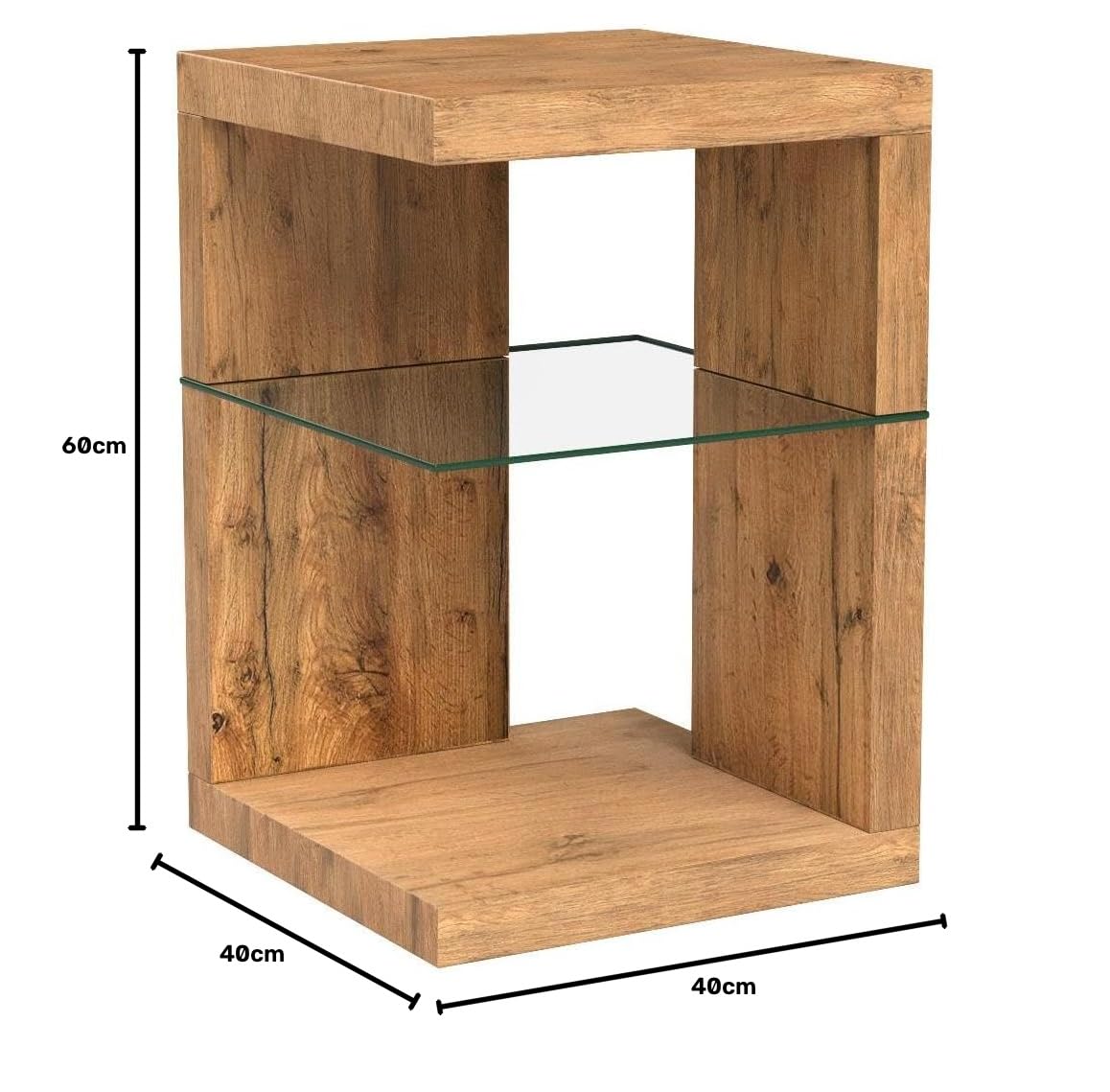 M2 Kollektion Domingo Beistelltisch/Nachttisch I Modernes Design I MDF mit Wildeiche-Dekor I Zusätzlicher Stauraum I Sicherheitsglas, 40x40x60 cm I Vielseitig einsetzbar
