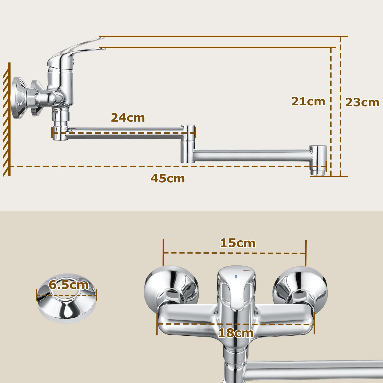 Grifo de cocina montado en la pared, grifo de cocina con caño plegable, grifo de cocina giratorio 360°, montaje en pared, latón cromado