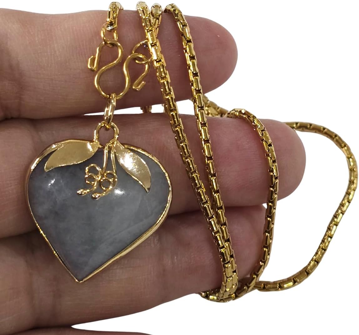 Jade Heart Pendant Necklace with Premium Gold Chain – Natural Lucky Jade Amulet for Protection, Love & Prosperity + Velvet Gift Pouch