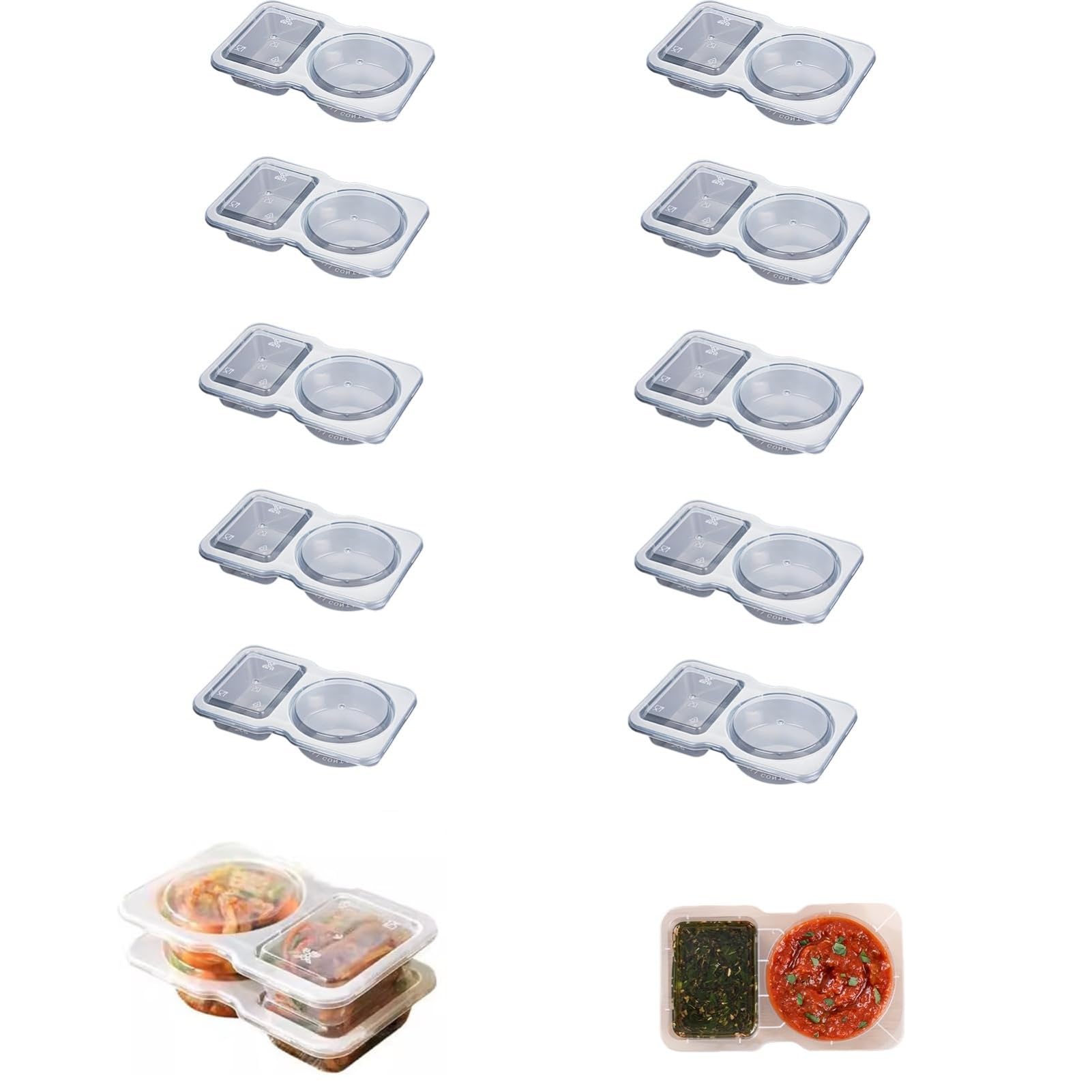 GnathicHOME Dual Compartment Sauce Containers with Lids Clear Plastic Dip Cups for Salad Dressing, Condiments Meal Prep and Takeaway (Transparent,10 pieces)