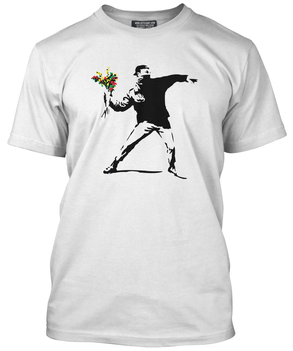 Love is in The Air Flower Thrower Banksy Tshirt - Rage Flowers Street Art Graffiti Tee LIITA Political - Mens Unisex T-Shirt - M White