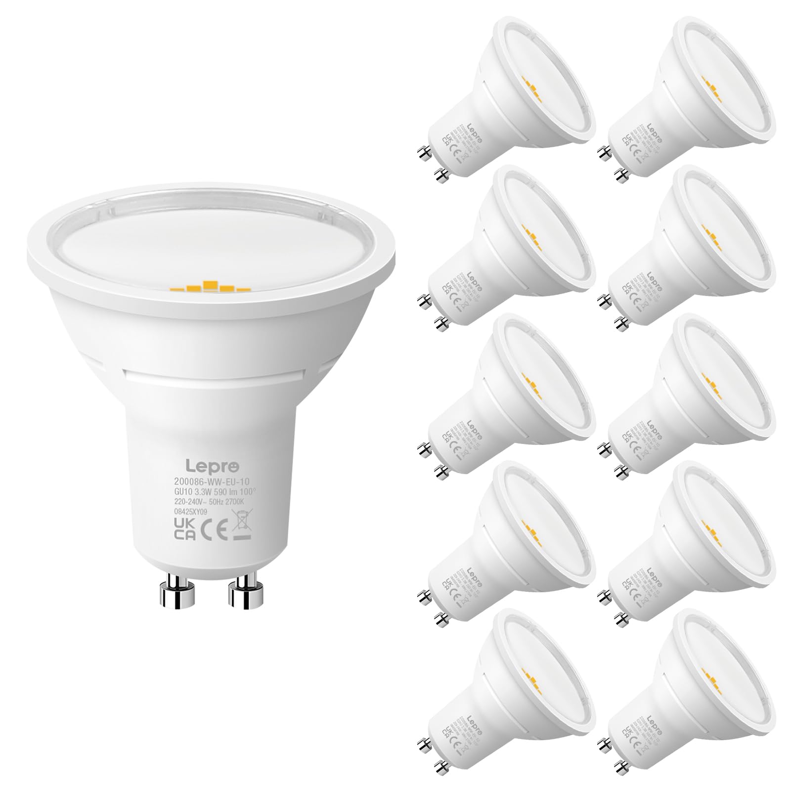 Lepro Warm White Gu10 Led Bulbs, 2700K, A Energy Class, 590Lm, 3.3W (50W Equivalent), 100° Wide Beam Angle, 50000H Long Life, Energy Saving Led Spotlight Bulb, Non-Dimmable, Pack Of 10