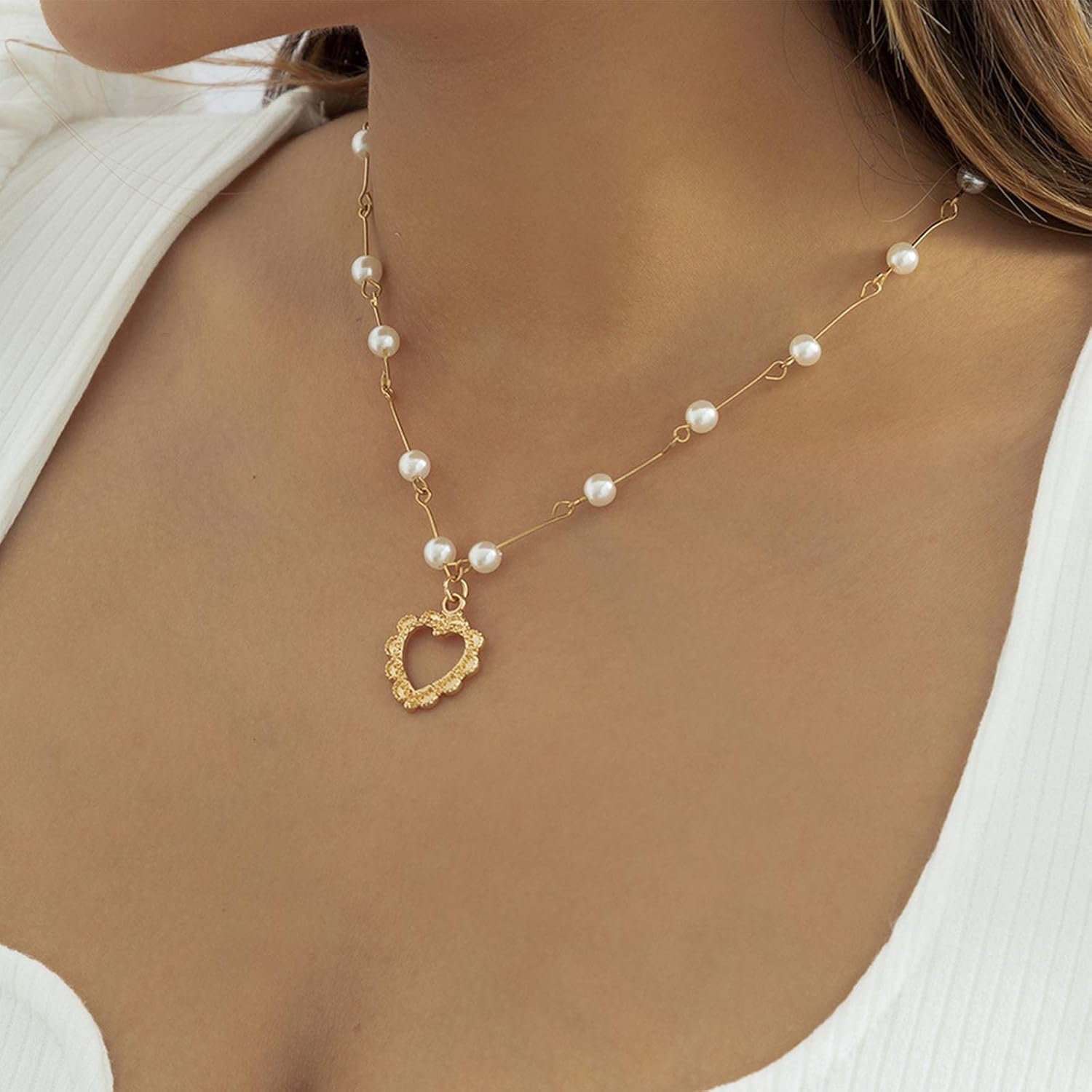 Bohemian Love Heart Pendant Necklace Vintage Station Pearl Necklace Choker Hollow Heart Choker Necklace Gold Pearl Chain Necklace Jewelry for Women - Image 4