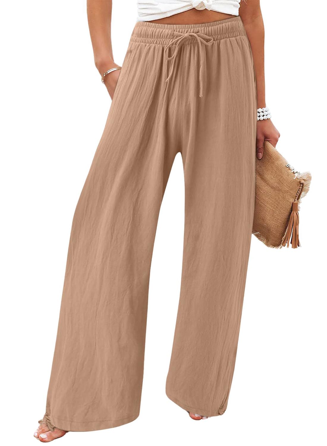 utcoco Wide Leg Linen Pants for Women Casual Loose Fit High Waisted Pants with Drawstrings