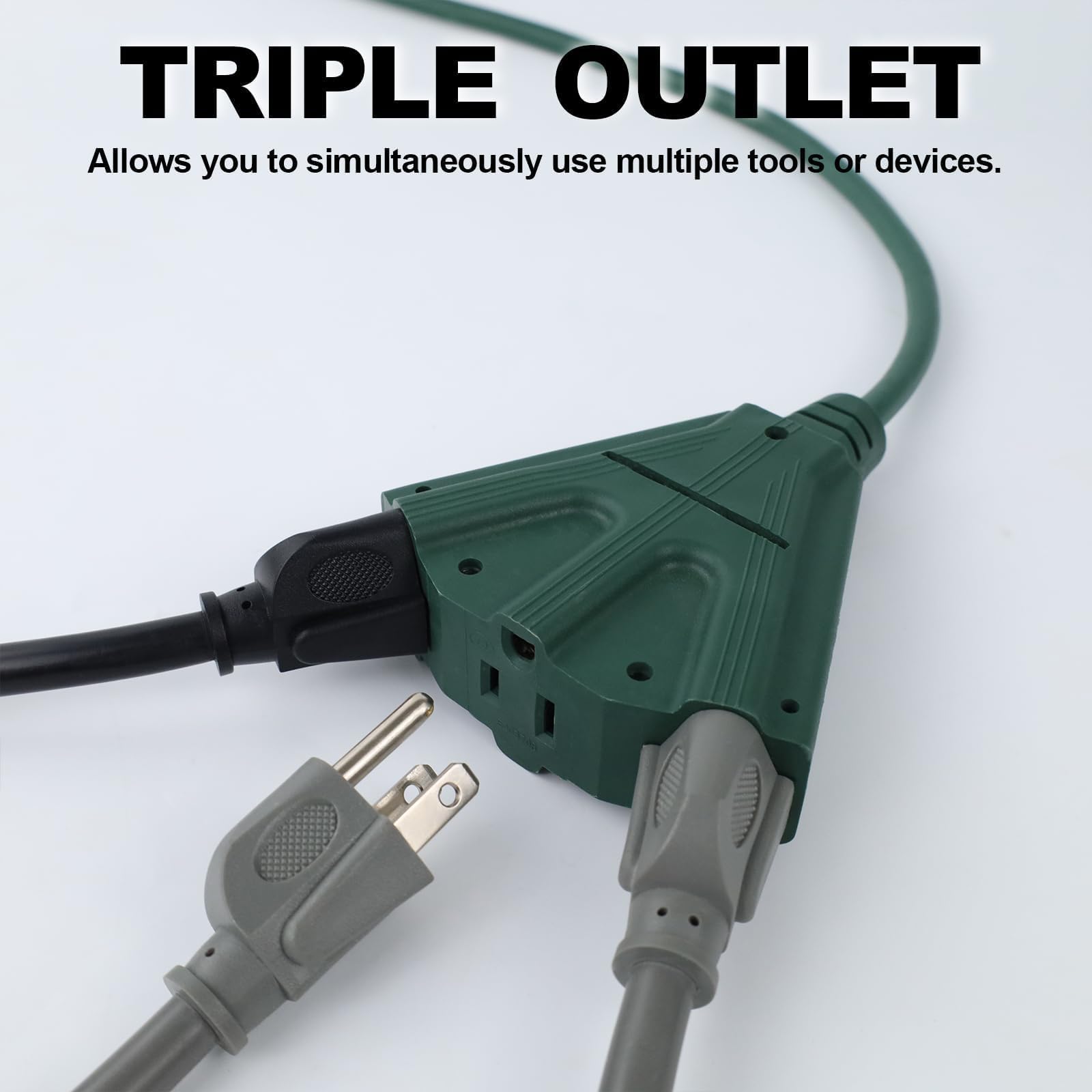 EP - Paquete de 2 cables de extensión para exteriores de 6 pies con 3 tomas de corriente eléctrica, cable verde SJTW de 16/3 con enchufe de tierra de 3 puntas para mayor seguridad, ideal para luces de