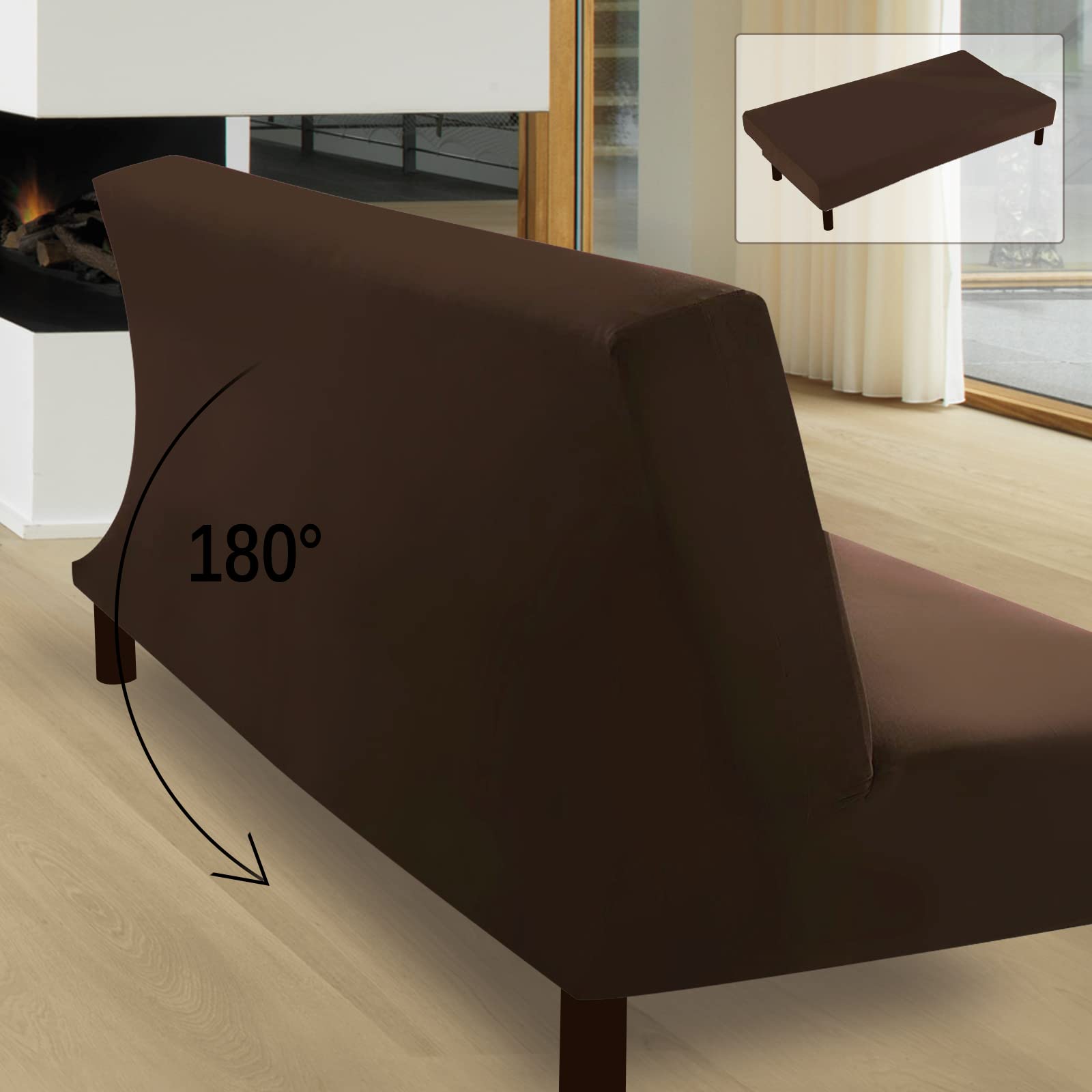 FIGOOO Copridivano senza Braccioli 3 Posti Elasticizzato Copridivano Letto Pieghevole Universale Spandex Fodera per Futon a Tinta Unita Coperture Divano Clic Clac per Soggiorno Casa,Marrone Scuro