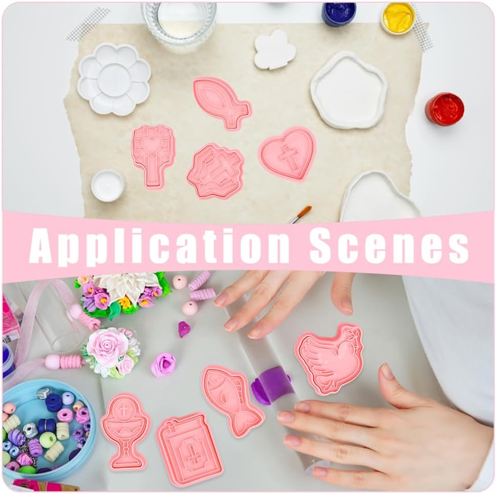 8PCS Mixed Shapes Polymer Clay Molds Christian Polymer Clay Cutters Easter Communion Mold Cross Hearted Clays Decorative Mold Clays Tools and Molds for Pendants DIY Projects