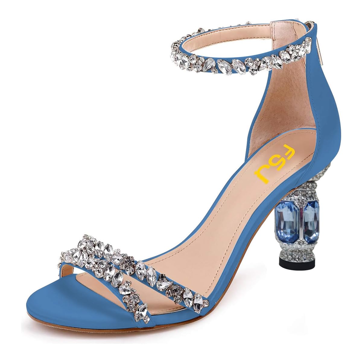 FSJ Women Chic Strappy Open Toe Sandals Ankle Wrap Back Zipper High Jewels Rhinestone Block Heels Summer Casual Shoes 4-15 US