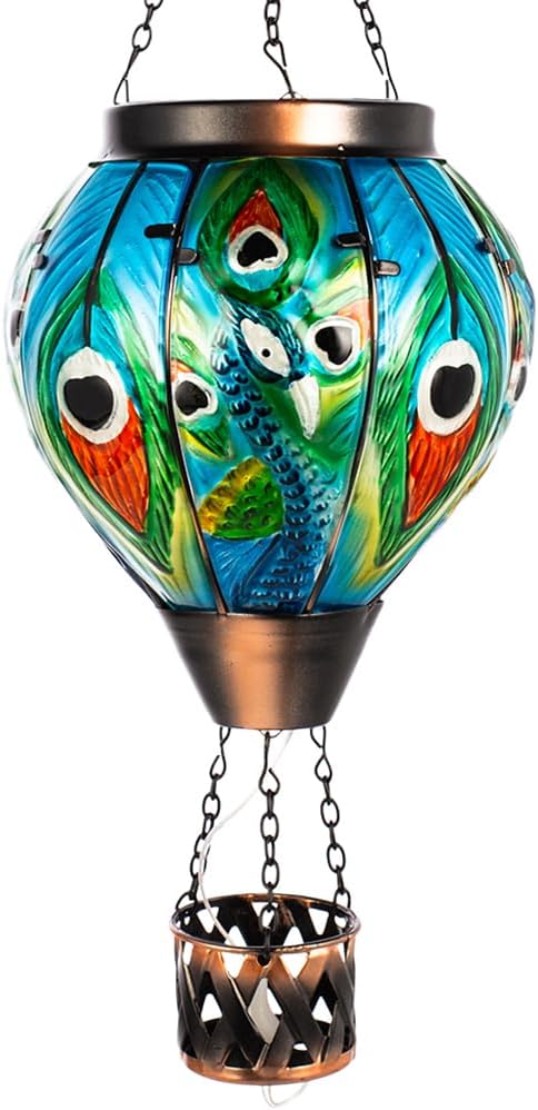 Peacock Hot Air Balloon Solar Lantern with Candle Holder, Solar Lantern with Flickering Flame, Glass Solar Lanterns Outdoor Waterproof for Lawn Garden Tree Decor