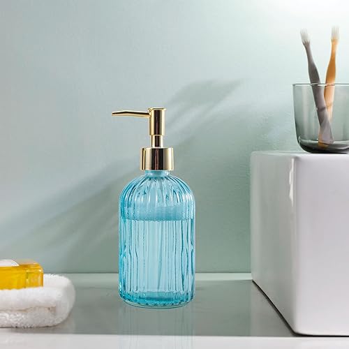 Miniatura 5 de Dispensador de jabón de manos líquido recargable de 12 onzas, para baño, cocina, jabón para platos, loción, dispensador de jabón a rayas (azul 2