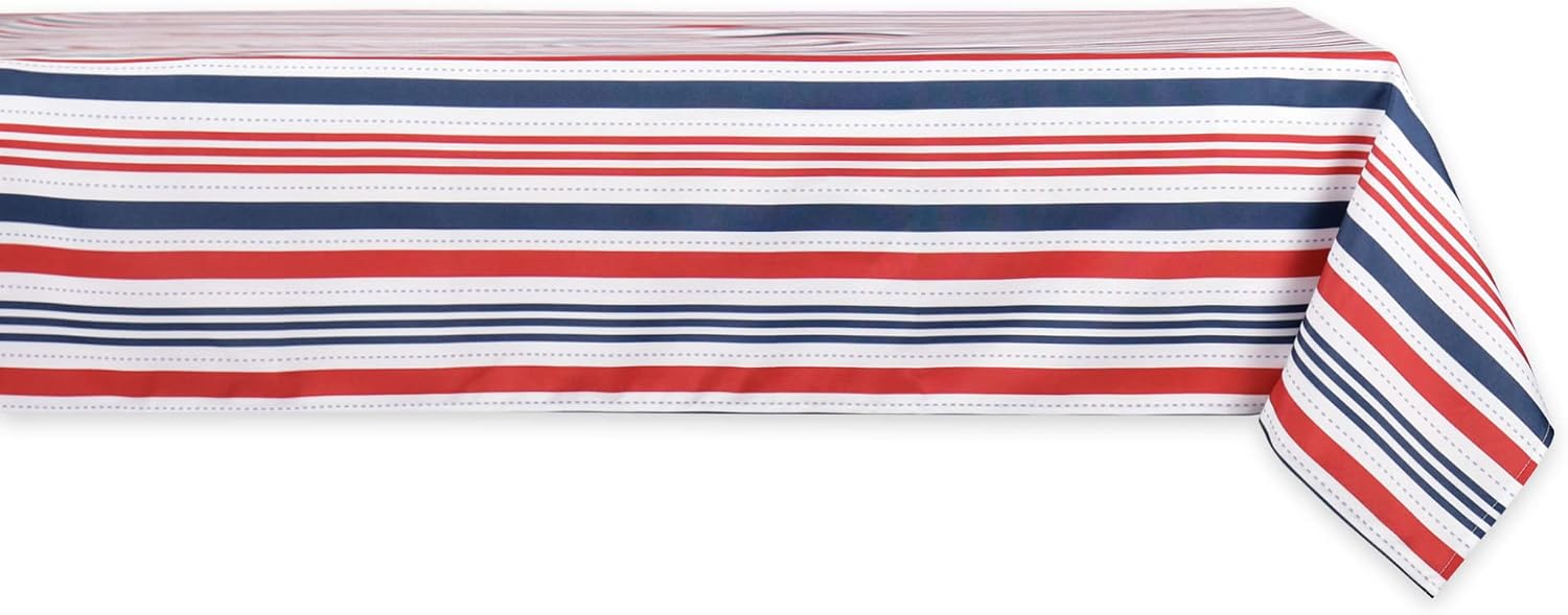 DII 100% Polyester, Spill proof and Waterproof, Machine Washable, Tablecloth for Outdoor Use, 60x120", 4th of July Patriotic Stripe, Seats 10 to 12 People