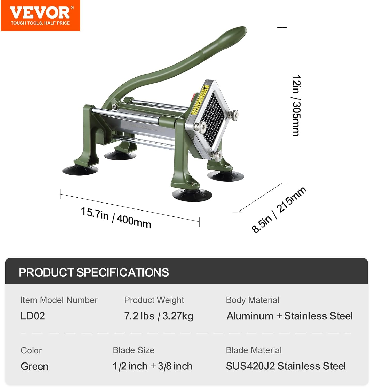 Product specifications and dimensions of the VEVOR French Fry Cutter