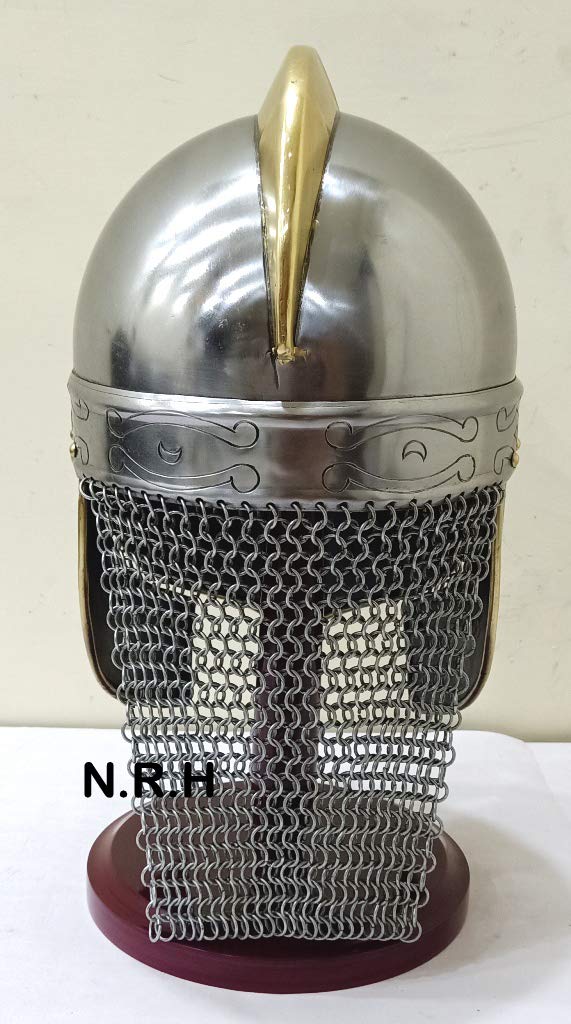 Medieval Barbuta Visored Brushed Steel Knights Templar Crusaders Armour Helmet | Halloween Costume Props Silver Finish with Wooden Stand