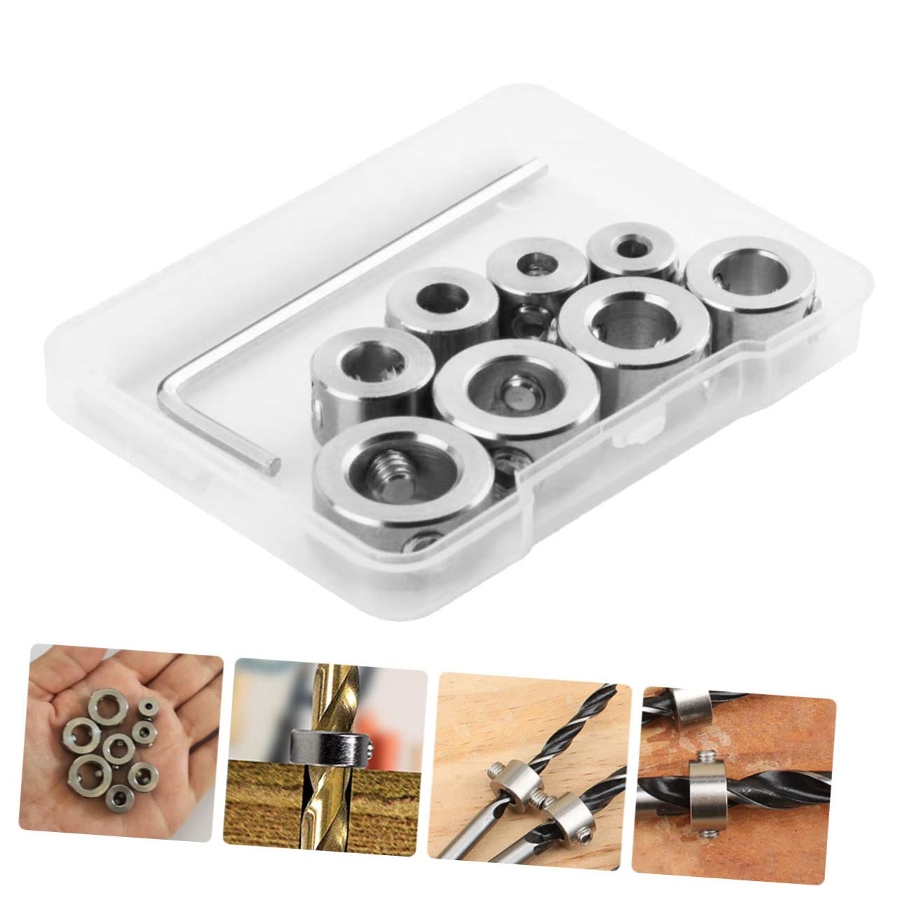 8pcs Drill Bit Collar Set Depth Stop Positioners for Woodworking Stainless Steel Drill Bit Guide Consistent Depths for Enhanced Efficiency