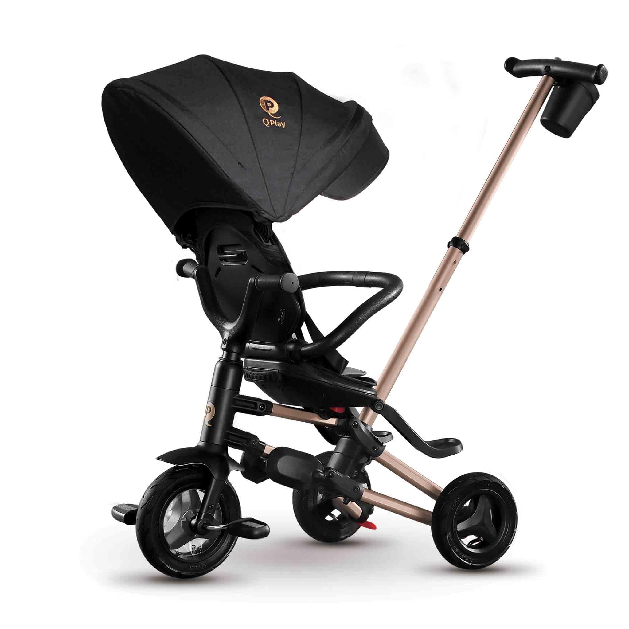 Triciclo Evolutivo pieghevole QPLAY Nova Golden Limited Edition 6 in 1 con zaino portaoggetti, fronte strada e fronte mamma, reclinabile, adatto a bambii da 10 a 72 mesi, portata fino a 25 kg