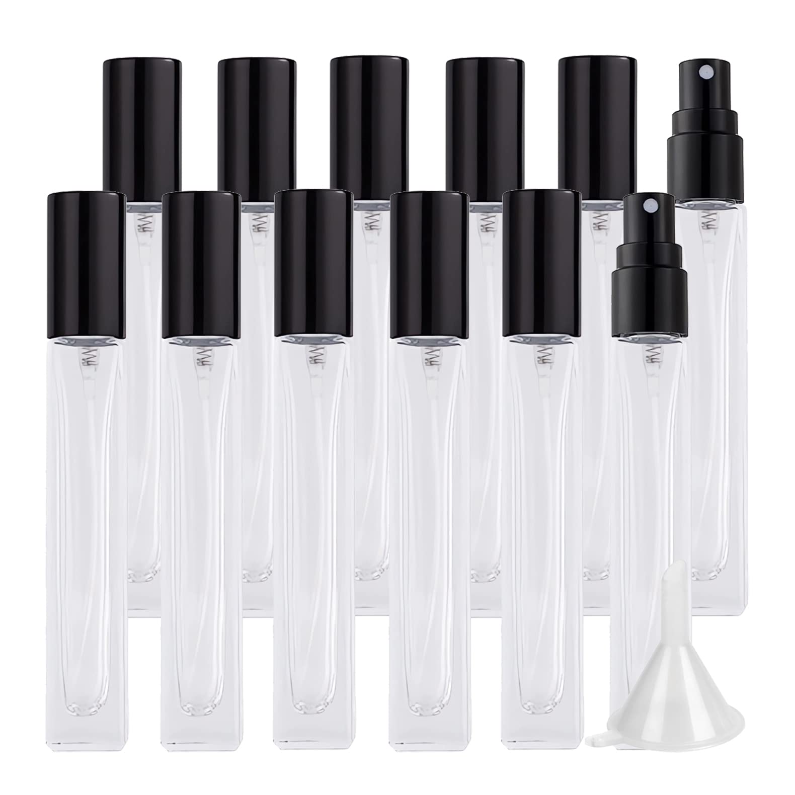 24 Piezas Cuadrado 10ml Transparente Vidrio Mini Atomizador de Perfume Recargable Botella con Tapas de Negro,Portatil de Perfume Bote de Spray Viaje Pulverizador