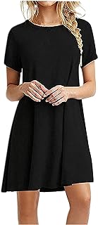 NaRHbrg Womens Summer Dresses Casual Short Sleeve T Shirt Dress 2024 Crewneck A-Line Swing Mini Dress Solid Color Basic Dress