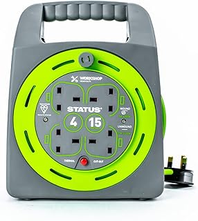 STATUS 4 Socket Cable Reel | 15m Green Extension Lead | 13A with Thermal Cut Out | Heavy Duty Outdoor Extension Lead | S15M13ACR4