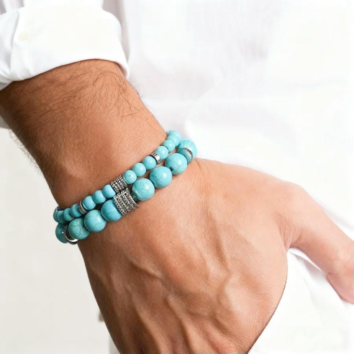 Juego de 2 pulseras para hombre, 6 mm, 10 mm, ojos de tigre, howlita, obsidiana, brazalete, accesorios de muñeca