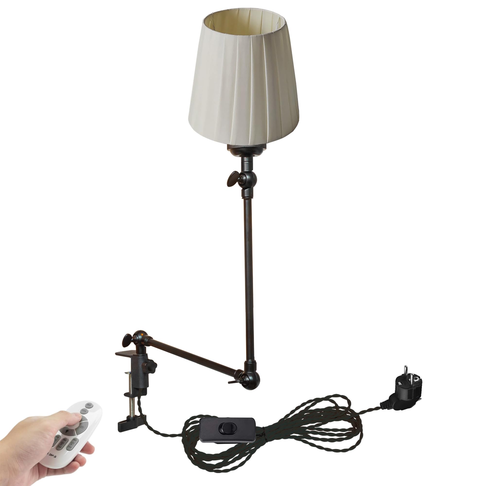 Klemmleuchte Einstellbar,Leselampe mit 2,5 m Kabel und Beige Stoff-Lampenschirm, Dimmbar Nachttischlampe mit Fernbedienung,Augenpflege Schreibtischlampe für Büro Heimgebrauch, E27 x 1