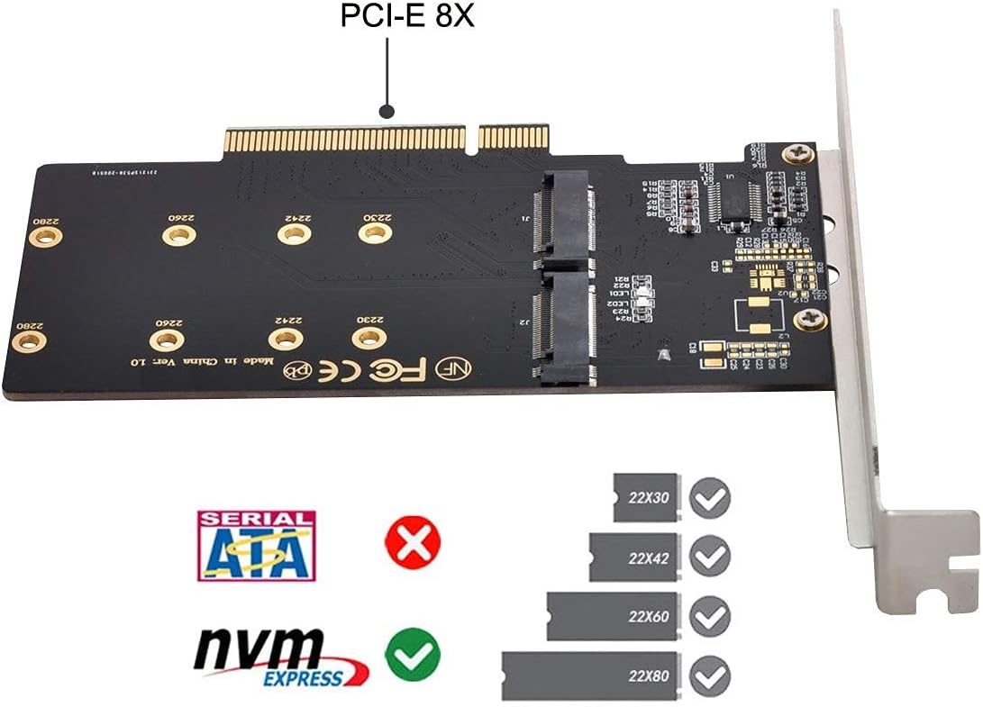 デュアル M.2 - PCIe 3.0 X8アダプター、デュアルNVME/AHCI SSD - PCI 【ベアボーン】 Expre