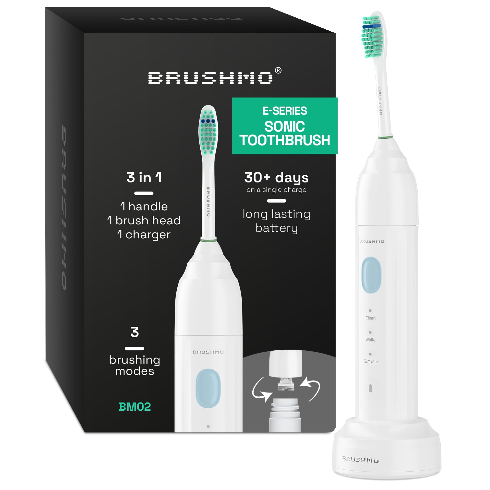 Brushmo e-Series Electric Sonic Toothbrush - Rechargeable Screw-On Electronic Tooth Brush for Adults with 3 Modes Timer -