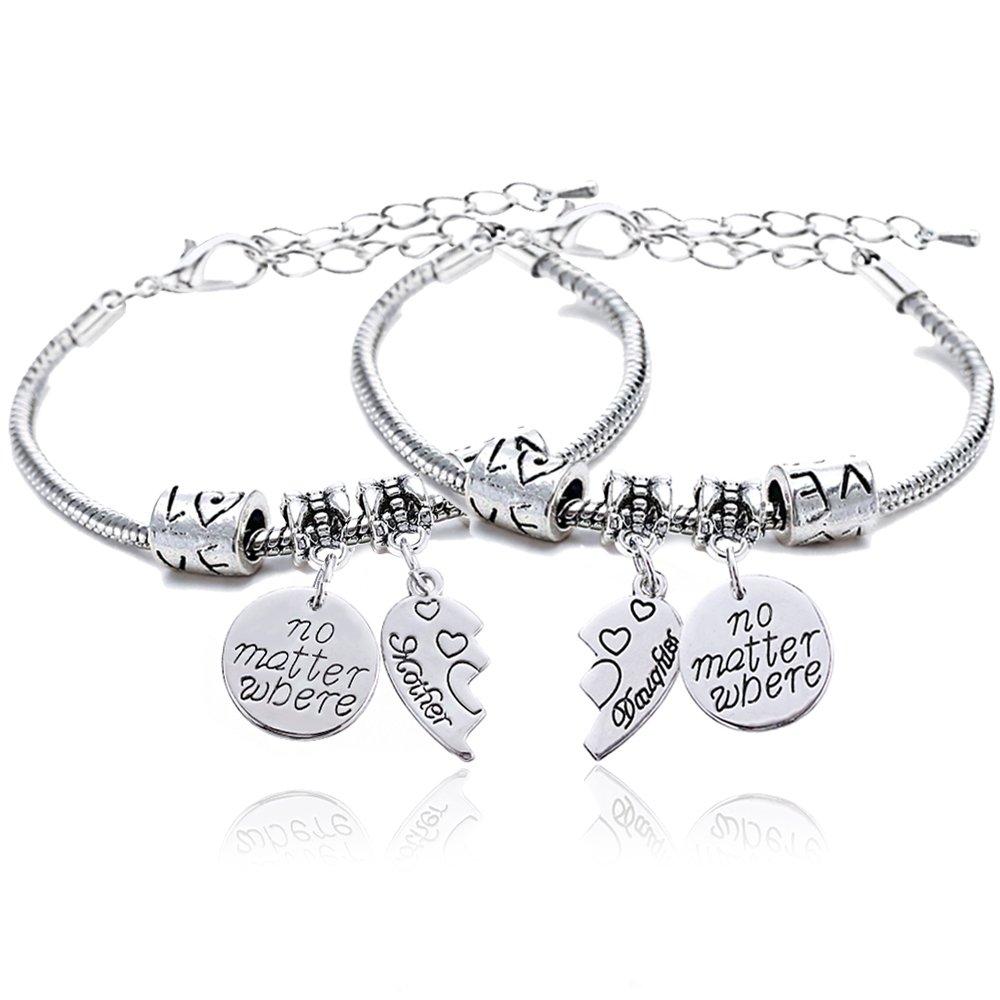 2pcs Mother Daughter Bangles Set No Matter Where Compass Split Broken Heart Expandable Bracelets Gift