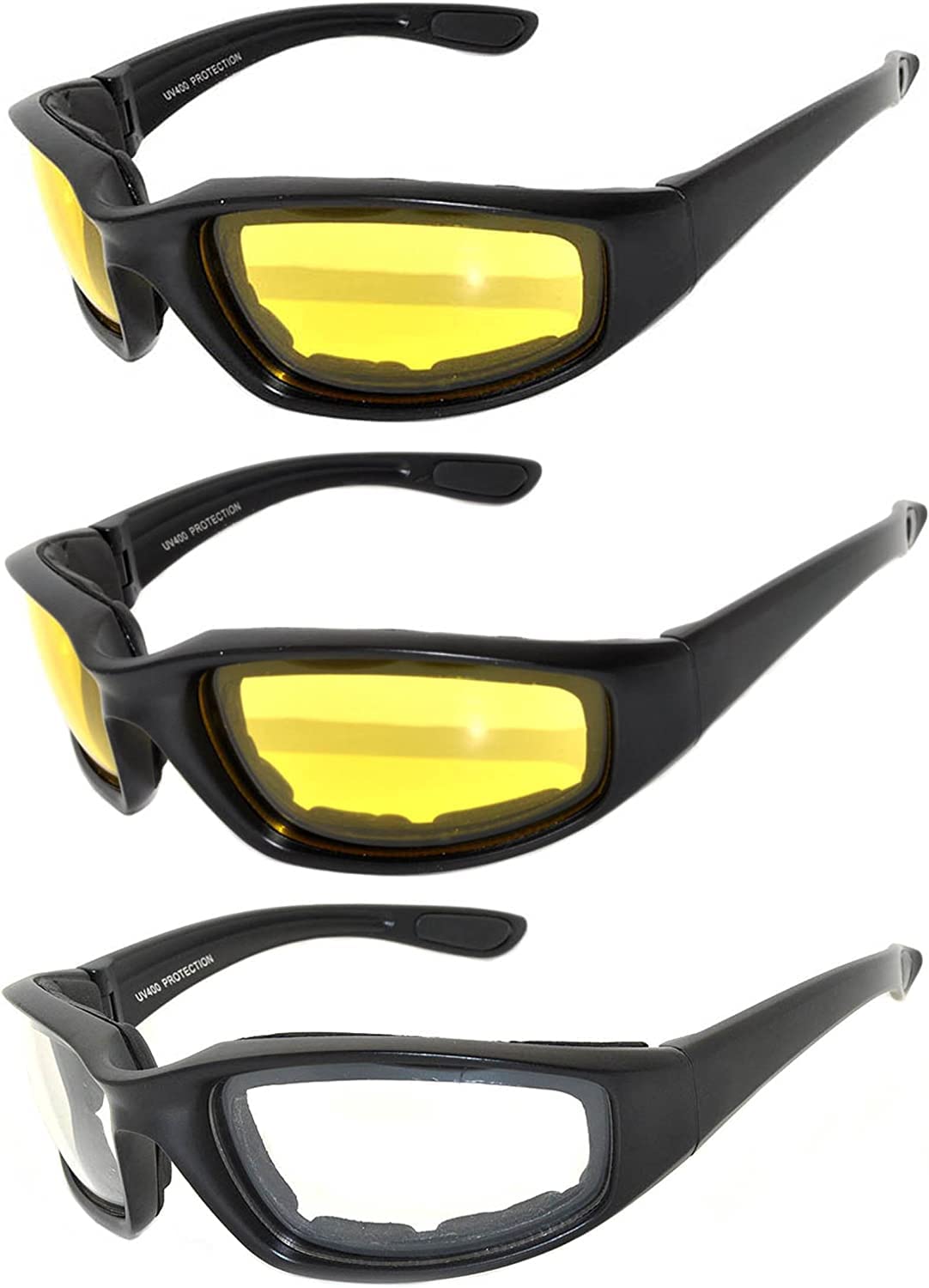 OWL 3 Pack Motorcycle Riding Glasses, Padded Sport Sunglasses, Assorted Colors for Men and Women