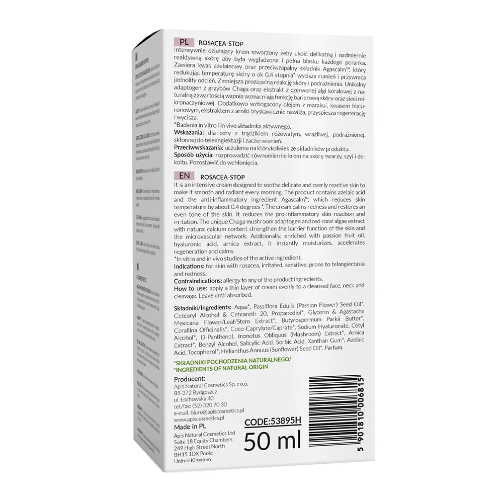 Apis Rosacestop, uspokajający krem, ekstrakty roślinne, 94% składników pochodzenia naturalnego, 50 ml.