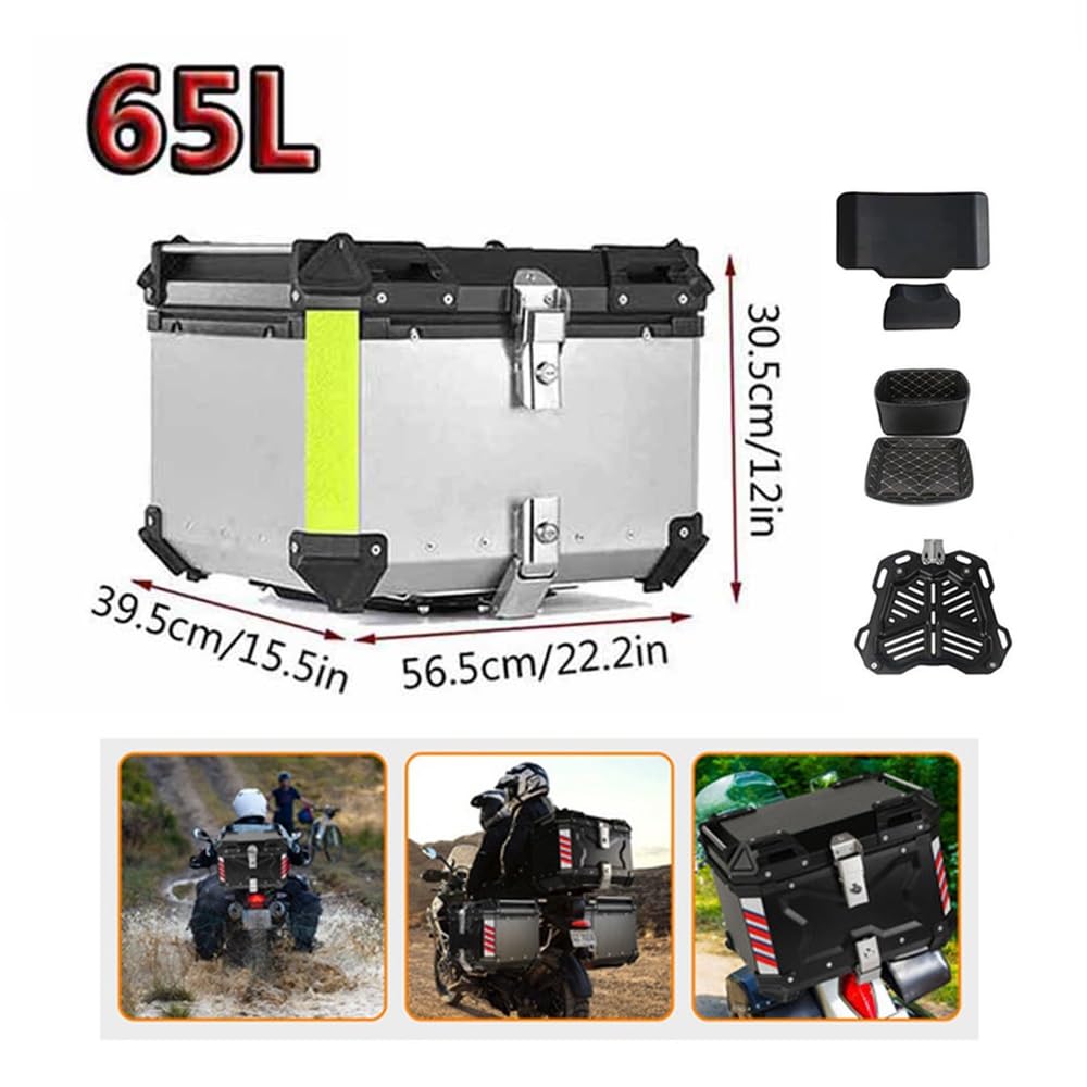 Valise pour Moto, 28L 36L 45L 55L 65L 80L 100L Top Case Coffret De Moto Aluminium Design Étanche Coffre Topcase avec Dossier de Passager et Plaque de Base(Silver,100L)