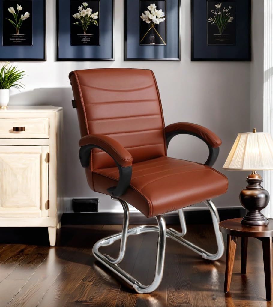 RATISON Strong and Durable Office Visitor with arm Rest Chair with Double Pipe Chrome Frame and Cushioned seat Back, Pack of1 (Brown)
