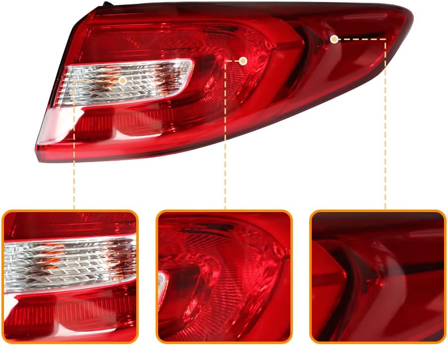 For 2015 2016 2017 Hyundai Sonata Halogen Outer Tail Light Rear Brake Lamp Passenger Side Red+Clear Lens Chrome Housing (Right Side)