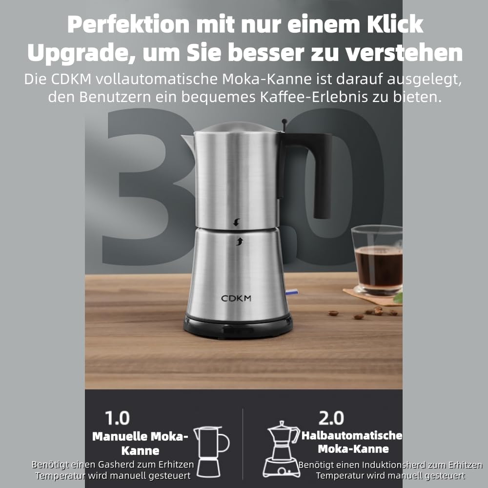 Espressokocher Elektrisch, Edelstahl Moka pot, One-Touch, 3-6 Tassen | Automatische Mokka-Kaffeemaschine, italienische Espressomaschine, Automatische Abschaltung, 340 ml Espressomaschine