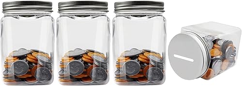 Miniatura 8 de Paquete de 4 tarros pequeños para monedas, 16 onzas, de plástico transparente, con tapas ranuradas plateadas, pequeños tarros de plástico