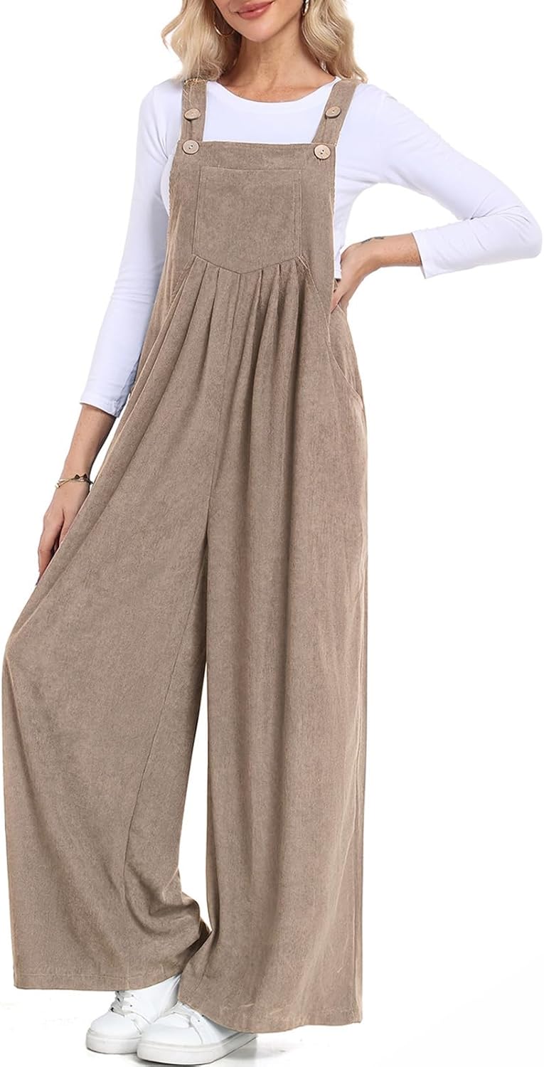 ALSOGO Womens Casual Corduroy Overalls Baggy Pants Wide Leg Jumpsuits Adjustable Straps Rompers with Pockets - Image 3