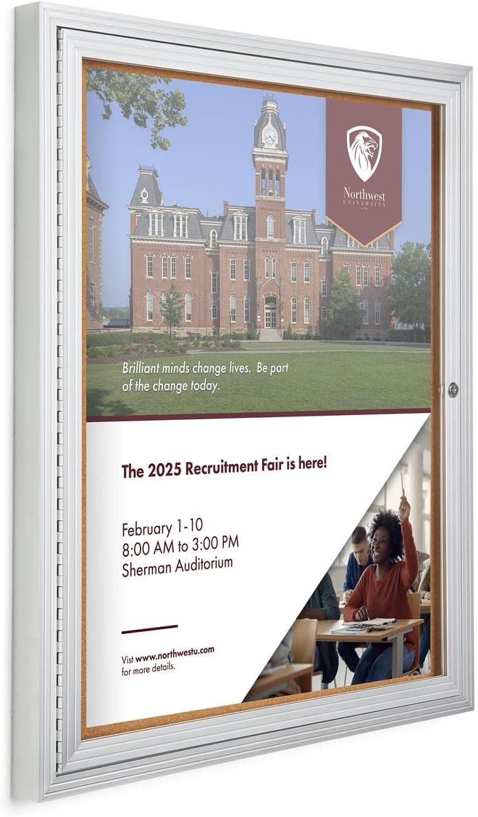 Displays2go 30 x 36 Enclosed Single Door Cork Board, Swing Open, Shatter-Resistant Frame - Silver (CBSW3036SV)