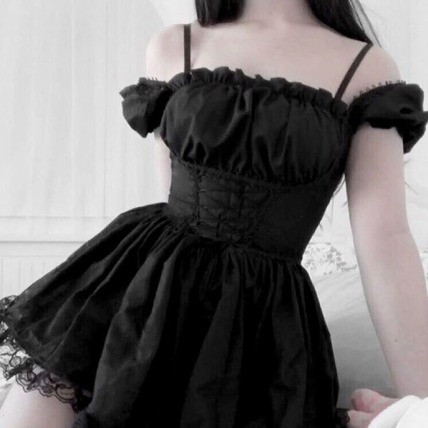 Women's Gothic Lolita Mini Dresses Vintage Punk Puff Sleeve A Line Swing Short Goth Dress