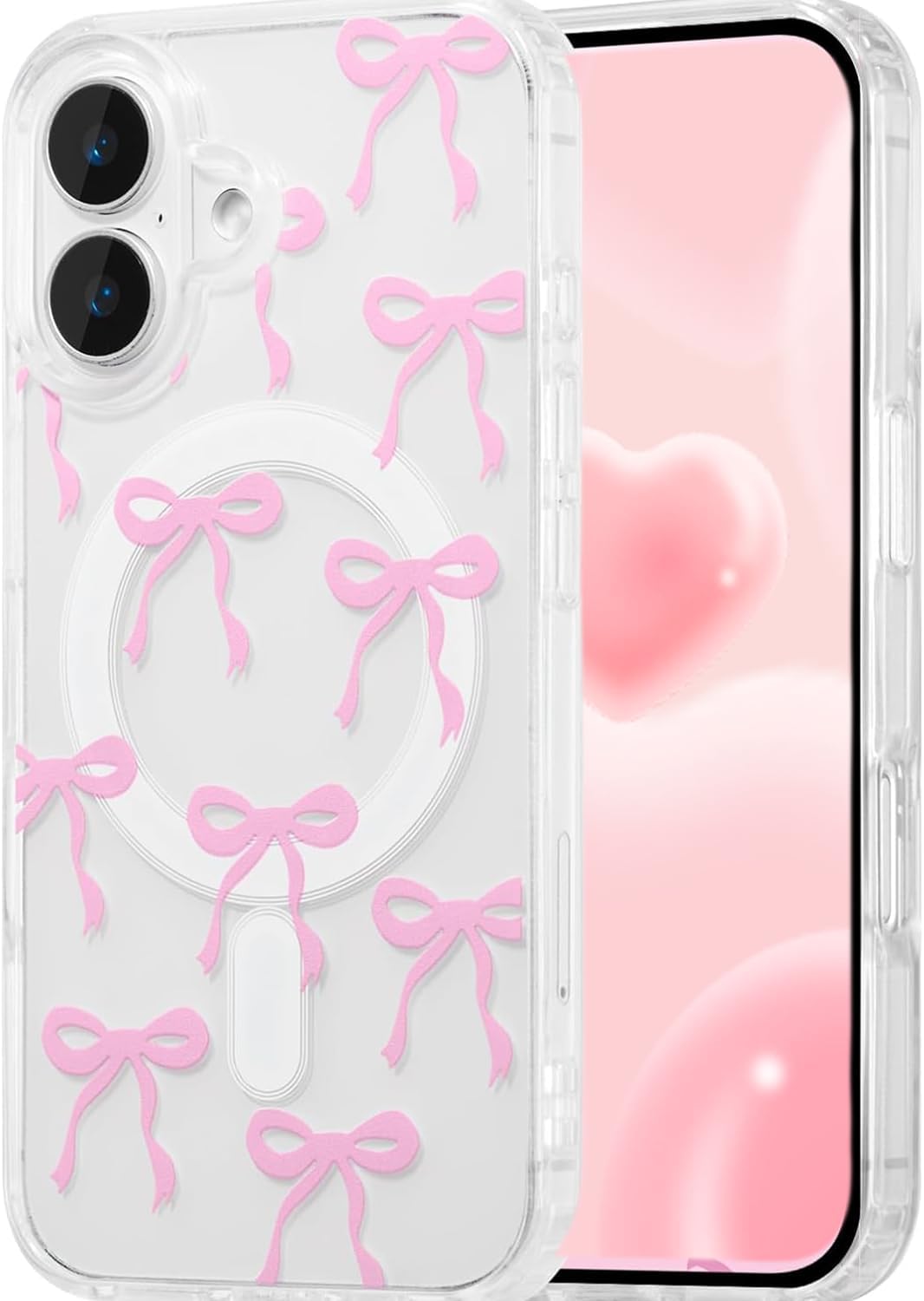 Magnetic for iPhone 17 Case, Bow Case Compatible with MagSafe, Clear Transparent Ribbon Anti-Yellowing Shockproof Protective Phone Cover, Pink
