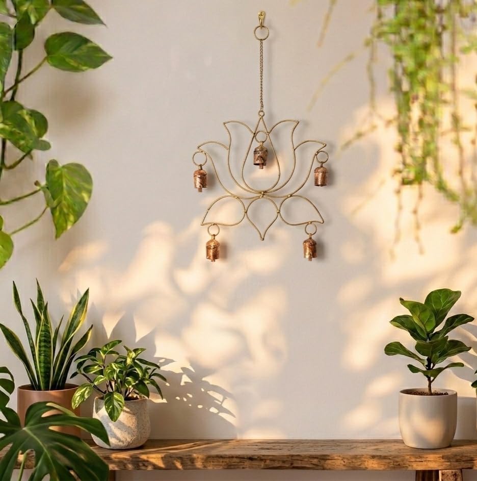 DULI Metal Windchime Wall Hanging, Feng Shui, Wall Art, Wall Decor, PositiveVibes, Rustic Wall Hangings, Wall Art,Diwali Decoration, Diwali Gifts (MetalHanging: LotuswithBigBells)
