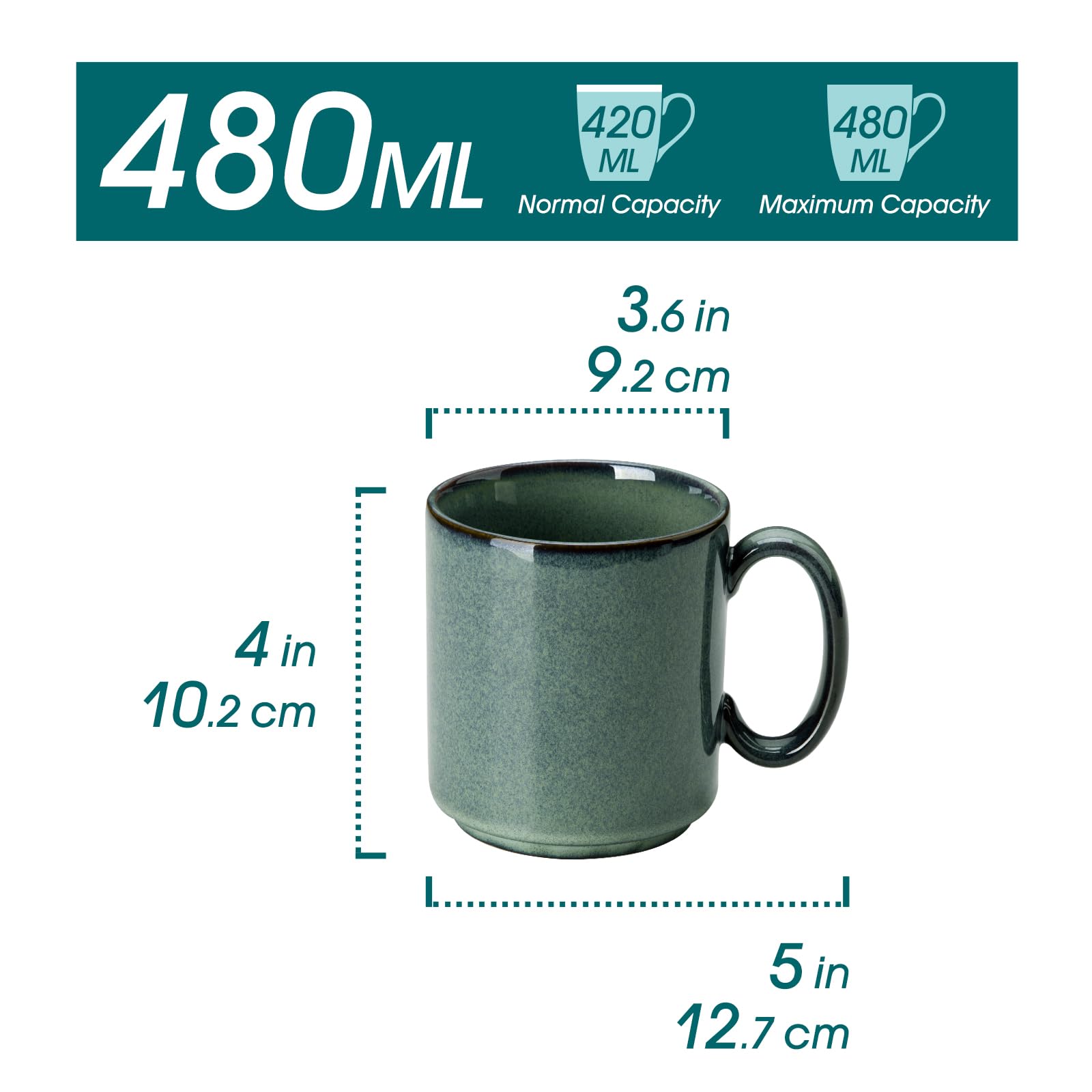 vancasso STARRY Steingut Tassen Set 6er, 480ml Kaffeebecher mit Standring für 6 Personen, Kaffeetassen Set mit Henkel, Teetasse Set Spülmaschinenfest Mikrowellenfes, Grün