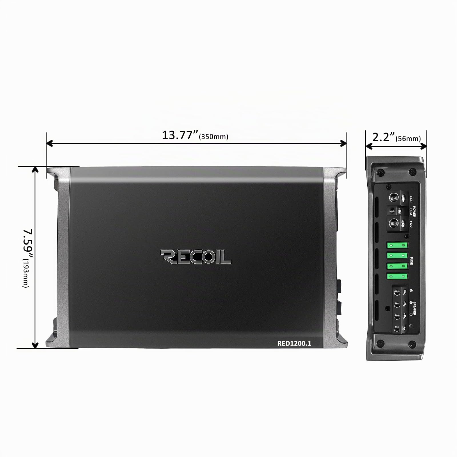 RECOIL RED1200-1 Amplificador de subwoofer monobloque de audio para automóvil Clase D de 2500 vatios, 1 ohmio estable, perilla de graves remota incluida