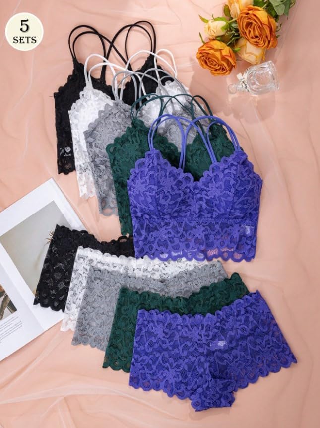 5-Piece Lace Lingerie Set - Romantic Sheer Camisole and Boyshorts in Christmas Red, Comfortable and Wire-Free