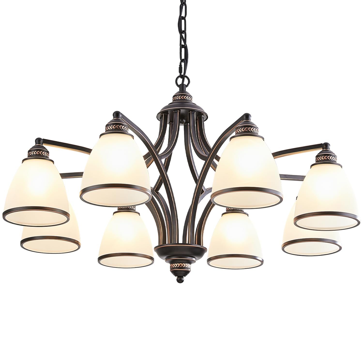 Rustic Chandeliers for Dining Room Farmhouse Chandelier With 8-Frosted Glass Shades Black Metal Hanging Ceiling Lighting Fixture, 33''Adjustable