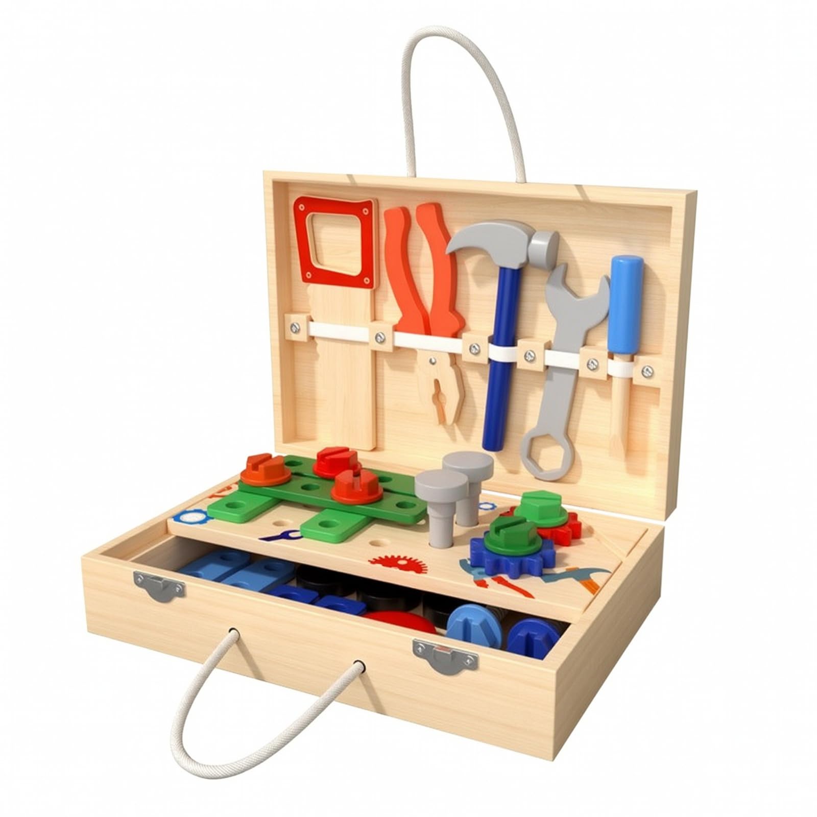 Set di Attrezzi in Legno Multifunzionale | Portatile, Valigetta Attrezzi per Bambini, Richiudibile, Banco Lavoro Giocattolo,