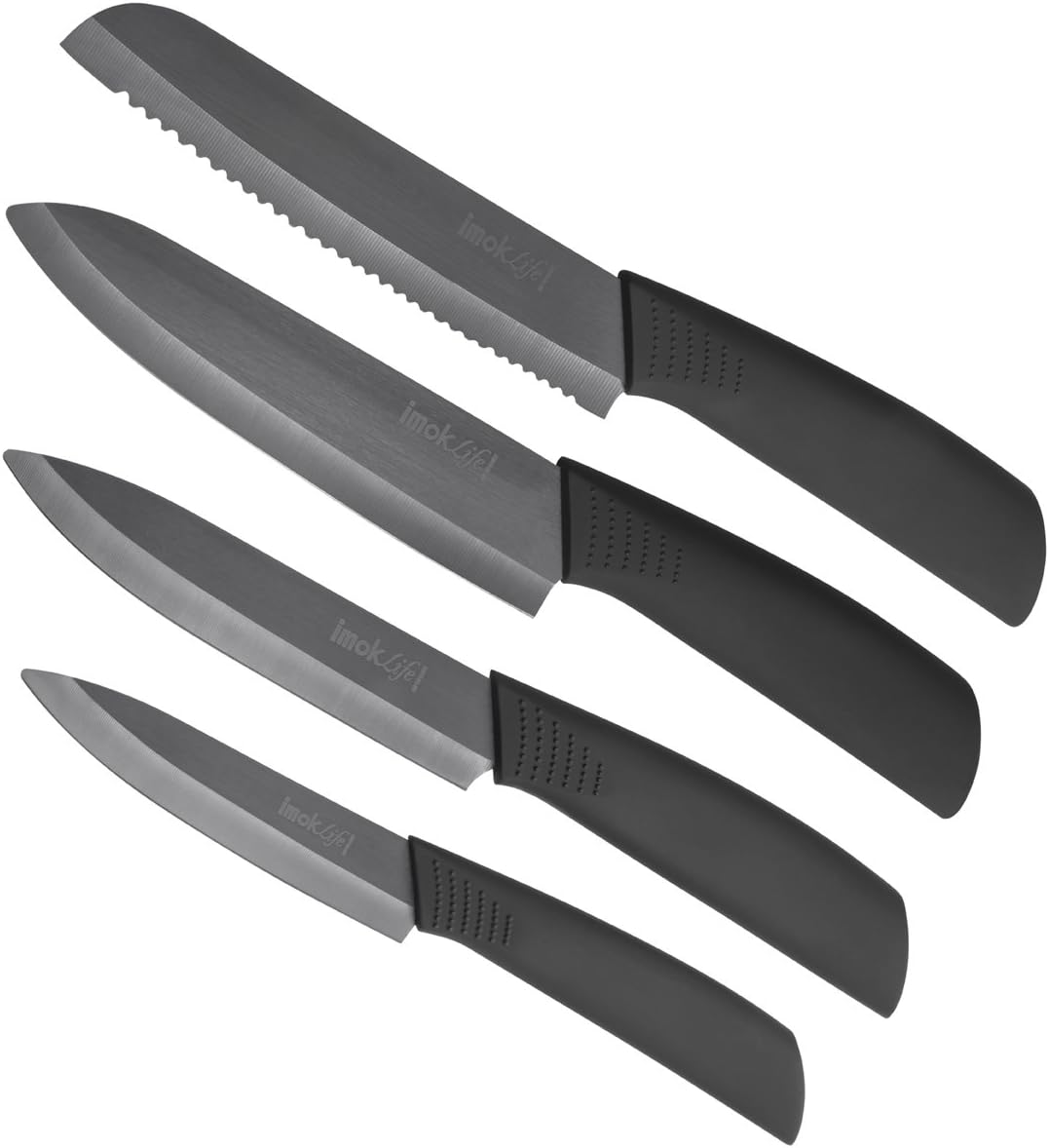 imokLife Ceramic Knife Set (4 Pieces) Kitchen Knives with Safety Sheaths Super Sharp and Never Rust(6" Bread Knife, 6" Chef Knife, 6" Utility Knife, 4" Fruit Knife), Black
