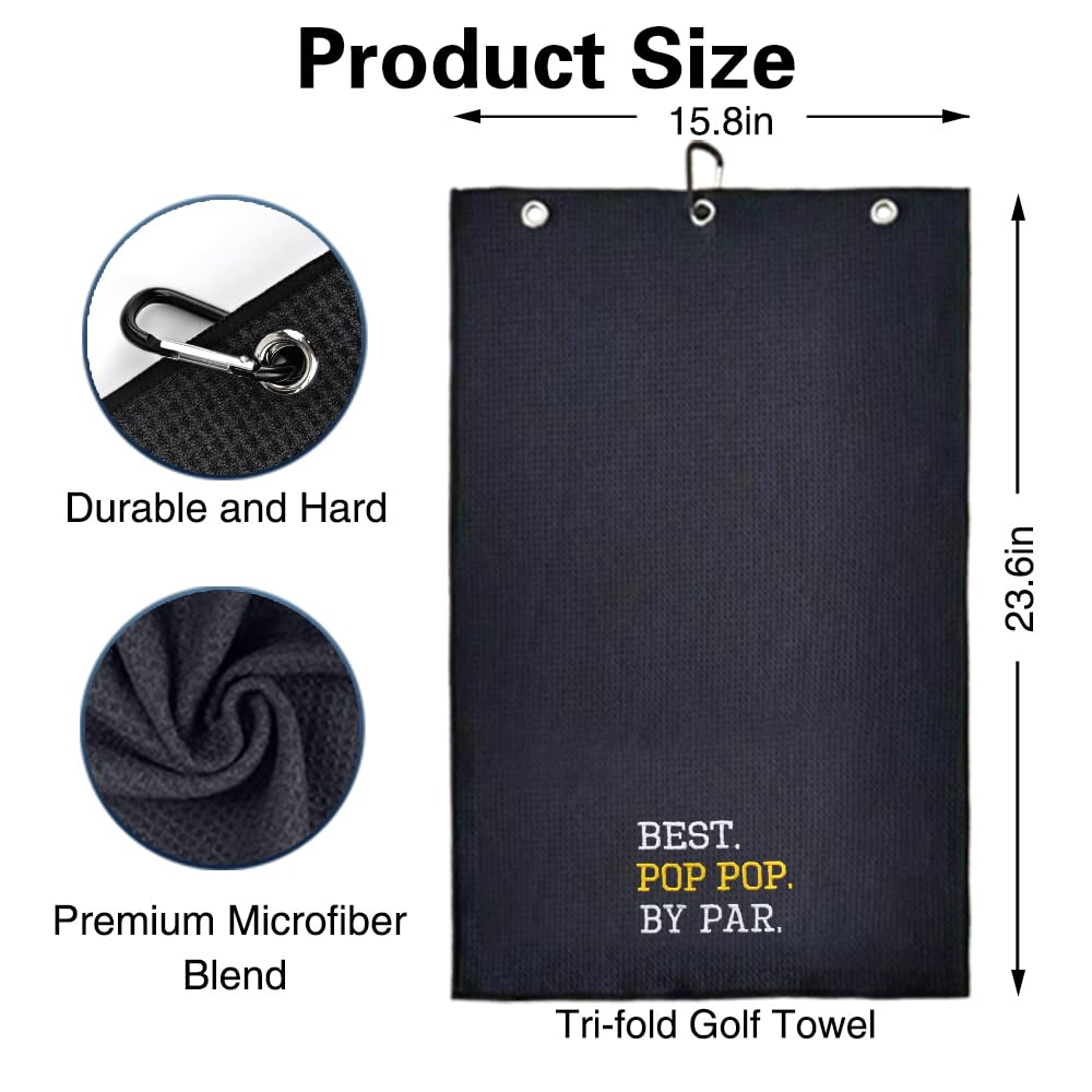 WUUCKOO Best Pop Pop by Bar Embroidered Golf Towel, Funny Golf Towel for Golf Bag with Clip, Retirement Gifts for Grandpa Dad, Fathers Day Birthday Gifts for Grandpa Dad Golf Lover Golf Fan