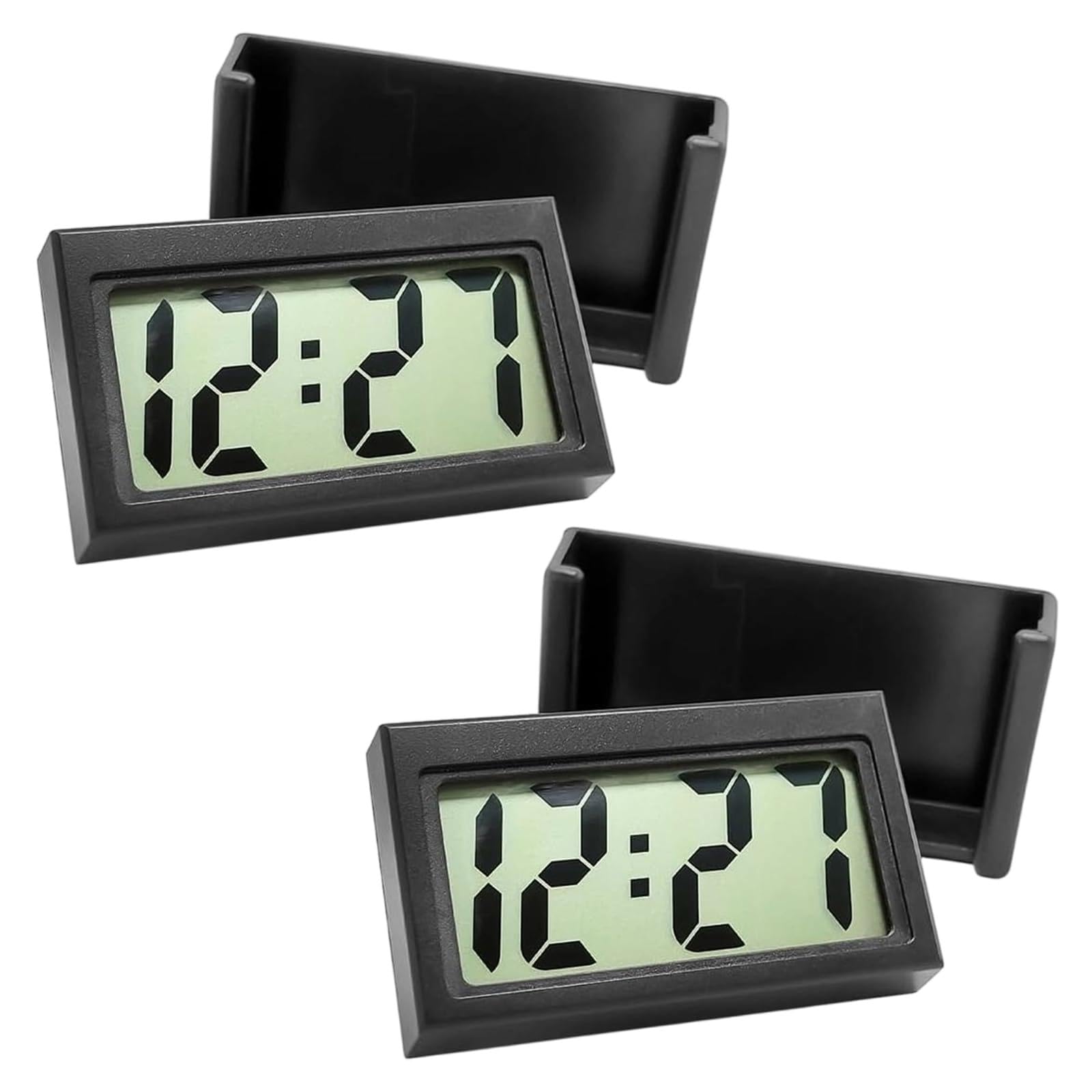 Yirrmiwn 2 PCS Mini Car Clock Small Digital Clock, Battery Powered Clear LCD Desk Clock with Sticky Stand for Car Dashboard(Black