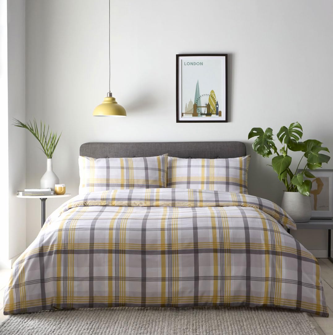 HOMEMAKER BEDDING Check Duvet Cover Bed Set Ochre Yellow Tartan Print (King)