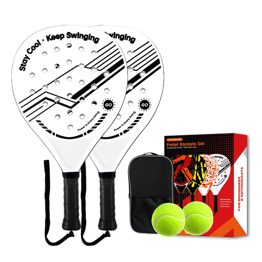 Padel Schläger-Set mit ABS-Oberfläche und Eva-Schaumkern, für Erwachsene, inklusive Zwei Bällen und Tragetasche, ideal für Beach & Court (Weiß/Schwarz)
